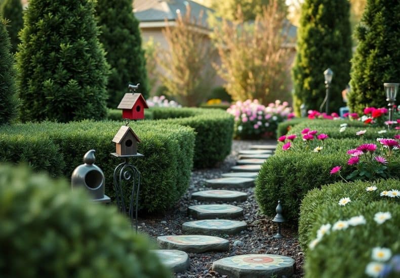 A garden with round stone stepping paths, green hedges, blooming pink and white flowers, decorative birdhouses, and garden ornaments, with a house blurred in the background.