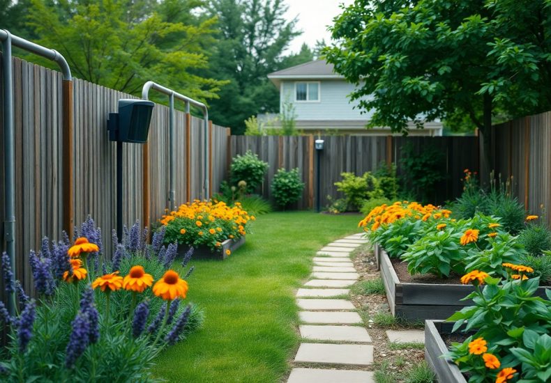 A backyard garden with a stone path, raised beds filled with orange flowers, purple lavender, lush green plants, and surrounded by a wooden fence. A tree and a house are visible in the background.