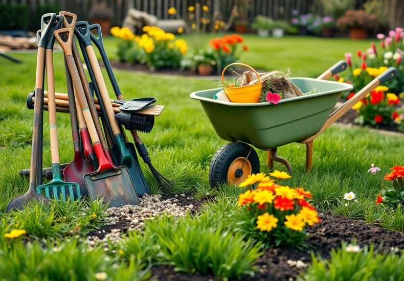 A variety of garden tools and a wheelbarrow with supplies are arranged on green grass beside colorful flower beds in a backyard garden on a sunny day.