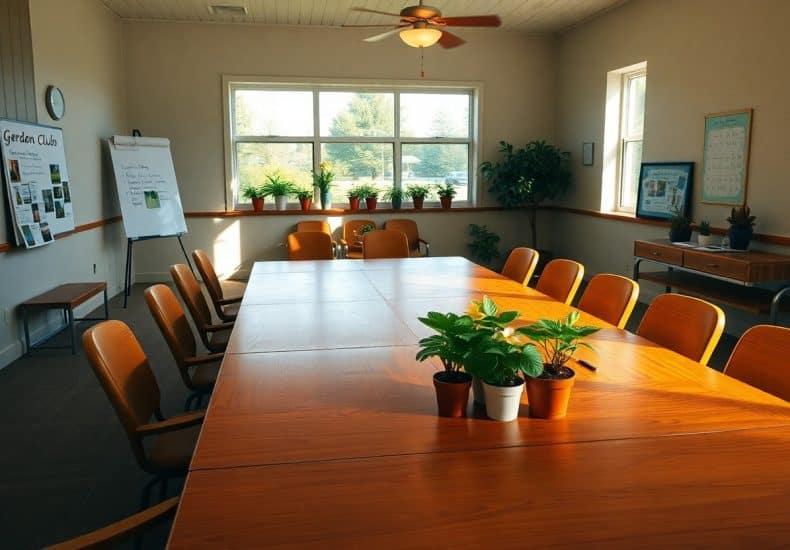 A bright conference room with large windows, orange chairs around wooden tables, potted plants on the table and windowsill, a whiteboard with notes, and garden club materials displayed. Sunlight fills the room.