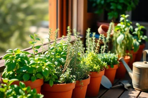 A row of potted herbs, including basil, rosemary, and thyme, sits on a sunny windowsill. Gardening tools and a watering can are nearby, creating a cozy indoor garden scene.