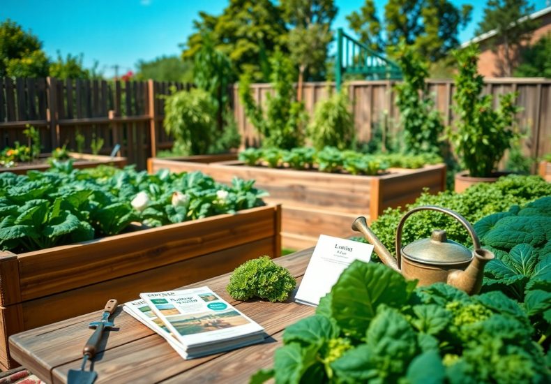 A sunny backyard vegetable garden with raised wooden beds filled with leafy greens. On a table in the foreground are gardening books, plant labels, a hand trowel, leafy produce, and a brass watering can.