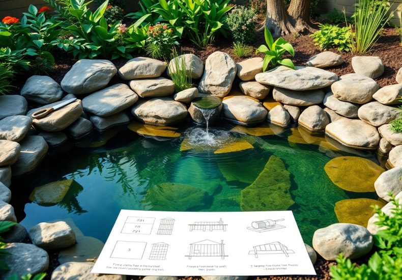 A backyard pond with clear water, surrounded by large rocks and lush plants. There is a small waterfall cascading into the pond. In the foreground, a diagram with sketches and dimensions for pond construction is visible.