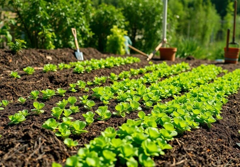 Rows of young green plants grow in neat lines in a garden bed, with gardening tools and potted plants visible in the background under bright sunlight.