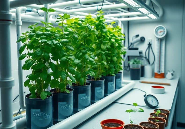 Rows of healthy green basil plants grow in black pots under bright LED grow lights on a white indoor shelf. Smaller potted seedlings and various gardening tools are also visible on the shelf. A thermometer and hygrometer are nearby.