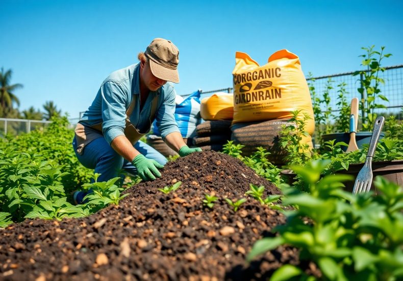 A person wearing gloves tends to plants in a garden bed, adding soil. Bags labeled organic garden soil sit nearby under a clear blue sky. Green plants and gardening tools are visible around them.