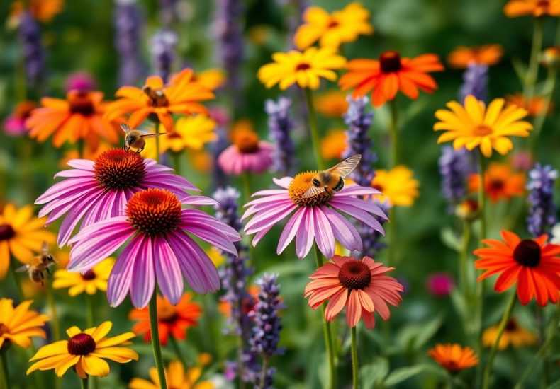A group of flowers with bees on them.