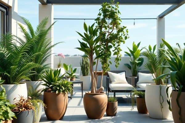 A modern patio with various potted green plants and trees in brown and white pots, surrounded by outdoor seating and sunlit under a clear sky.