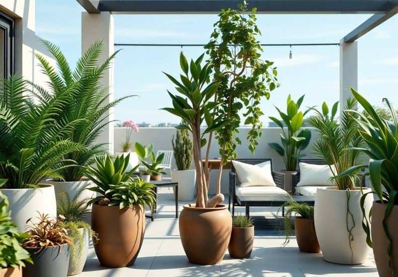 A modern patio with various potted green plants and trees in brown and white pots, surrounded by outdoor seating and sunlit under a clear sky.