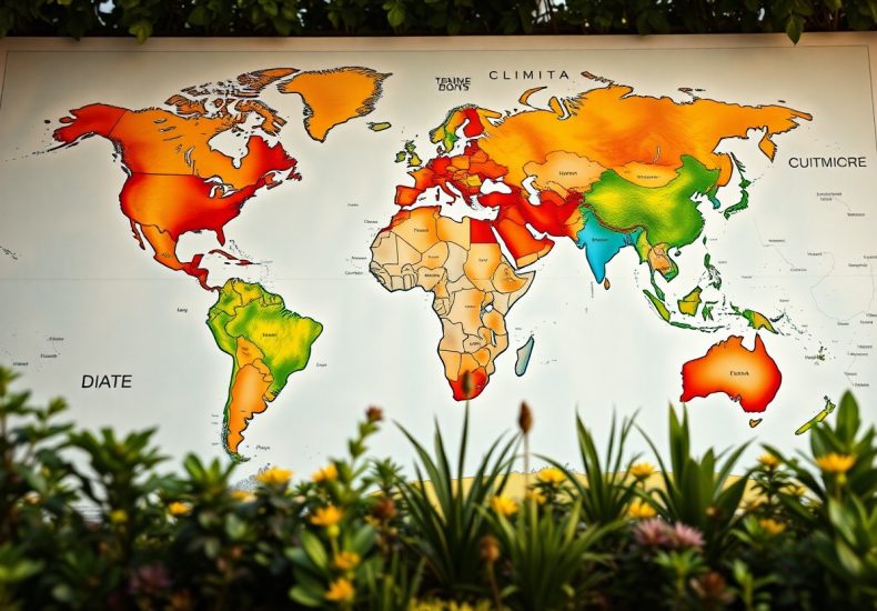 A colorful world map with countries shaded in various hues of green, yellow, and orange, displayed on a wall behind vibrant plants and flowers. Labels in a foreign language mark continents and regions.