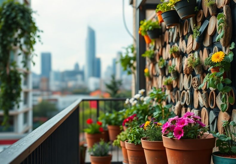 Potted flowers and plants decorate a balcony railing and a wooden wall, with a blurred city skyline and tall buildings visible in the background. The scene appears vibrant and lively.