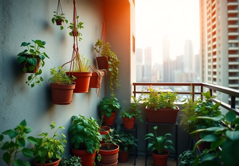 A small balcony garden with potted plants and herbs arranged on the floor and hanging on the wall. Sunlight shines through, and city buildings are visible in the blurred background.