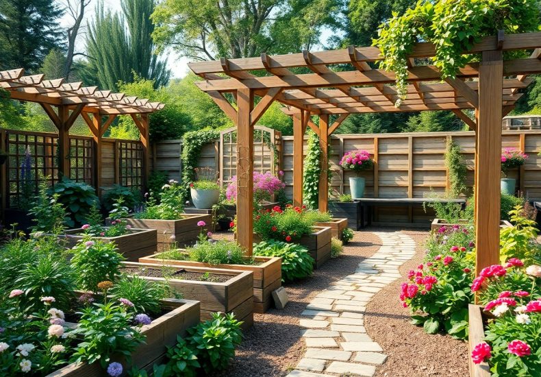 A beautiful garden with wooden pergolas, raised flower beds, blooming colorful flowers, lush greenery, and a stone path curving through the space. Wooden fencing and benches line the background.