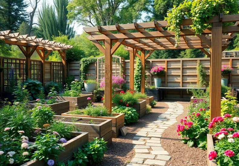 A garden with wooden pergolas, raised flower beds full of colorful blooms, a curved stone path, wooden fencing, and potted plants, all surrounded by lush greenery and trees in the background.