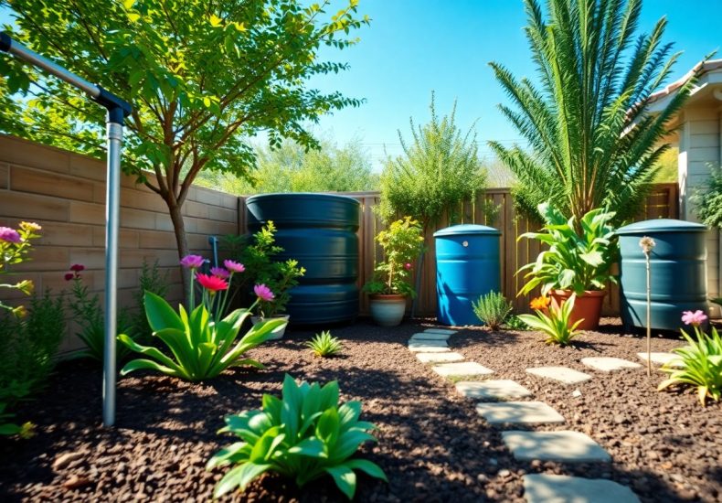 A backyard garden with flowering plants, large blue rain barrels, a stepping stone path, and a wooden fence, under a bright blue sky.