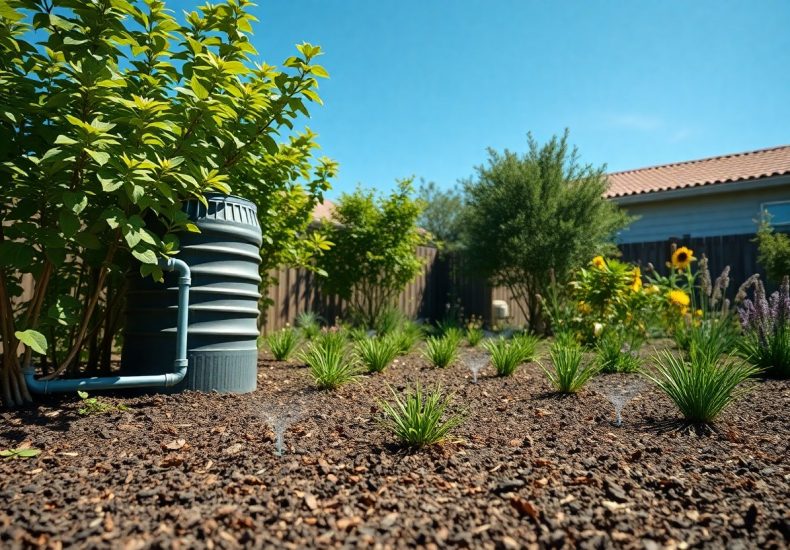 A backyard garden with a rainwater harvesting barrel connected to irrigation pipes, watering green plants and shrubs under a clear blue sky. Mulched soil and a house with a tiled roof are visible in the background.