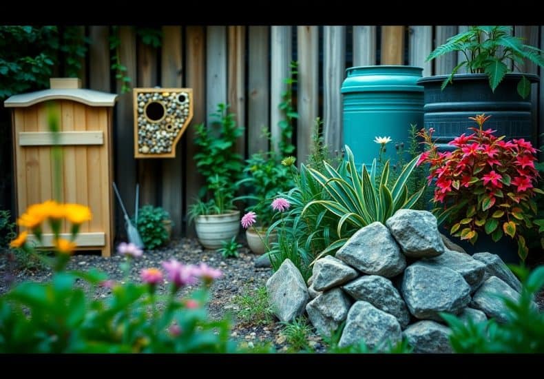 A colorful garden with blooming flowers, potted plants, two large rain barrels, a wooden compost bin, a bee house, and a small rock pile, all set against a wooden fence.