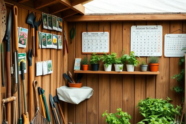A wooden shed interior with gardening tools hanging on the walls, seed packets displayed, potted herbs on a shelf, and two calendars. Sunlight filters in from a clear roof panel, and green plants sit on the floor.