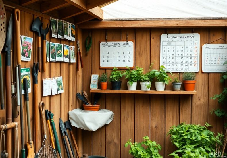 A wooden shed interior with gardening tools hanging on the walls, seed packets displayed, potted herbs on a shelf, and two calendars. Sunlight filters in from a clear roof panel, and green plants sit on the floor.