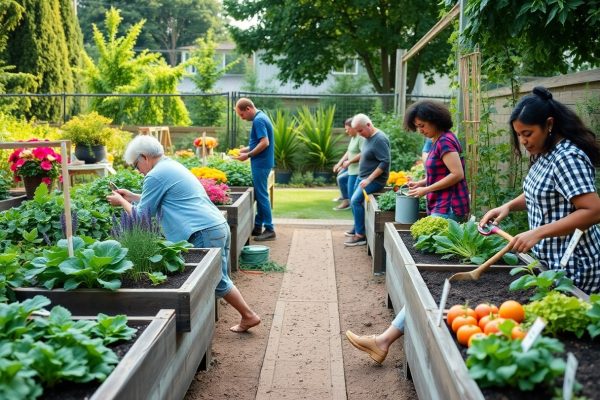A diverse group of people tend to raised garden beds filled with vegetables and flowers in a lush community garden on a sunny day.