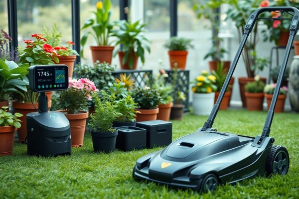 A robotic lawn mower and a digital monitor are on a grassy surface surrounded by potted plants and flowers in a greenhouse or garden room with large windows in the background.