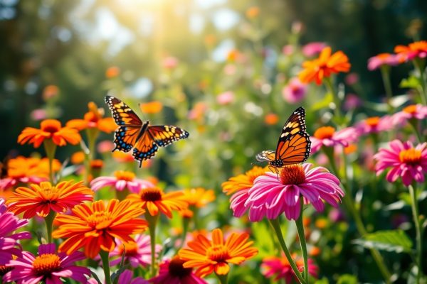 Two orange and black monarch butterflies flutter among vibrant pink and orange flowers in a sunlit garden, with a blurred background of greenery and blooms.