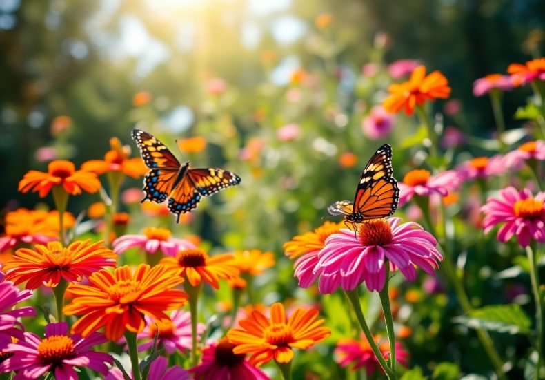 Two orange and black monarch butterflies flutter among vibrant pink and orange flowers in a sunlit garden, with a blurred background of greenery and blooms.