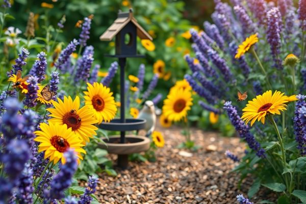 A vibrant garden with yellow sunflowers, purple flowers, butterflies, and a wooden birdhouse on a pole, with a path of wood chips winding through the colorful plants. Sunlight filters through the foliage.