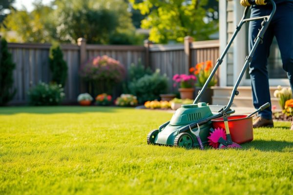 A person mowing a green lawn with a push lawn mower in a sunny backyard, surrounded by colorful flowers and a wooden fence. Only the lower part of the person is visible.