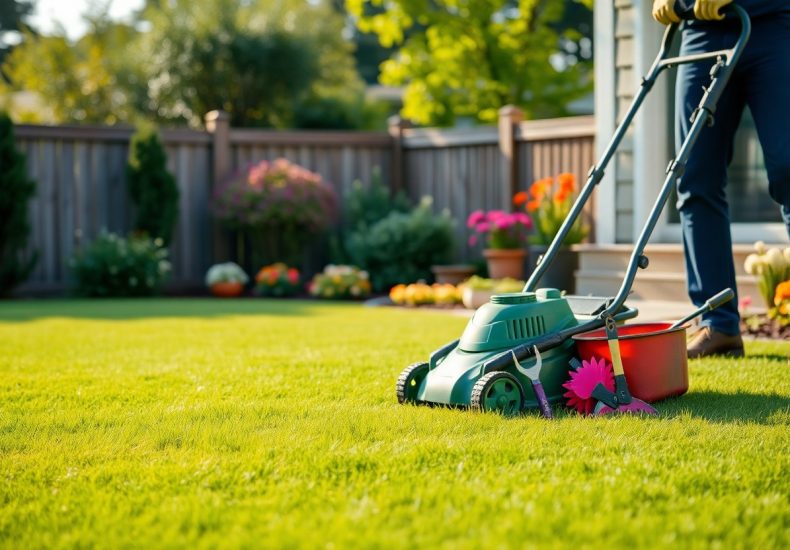 A person mowing a green lawn with a push lawn mower in a sunny backyard, surrounded by colorful flowers and a wooden fence. Only the lower part of the person is visible.