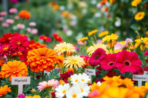 A vibrant garden features clusters of colorful flowers, including red, orange, yellow, and white blooms. Small labels with names like Mariold, Prons, and Frouetter are placed among the flowers.