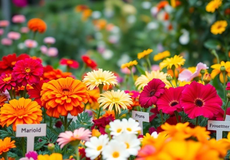 A vibrant garden features clusters of colorful flowers, including red, orange, yellow, and white blooms. Small labels with names like Mariold, Prons, and Frouetter are placed among the flowers.