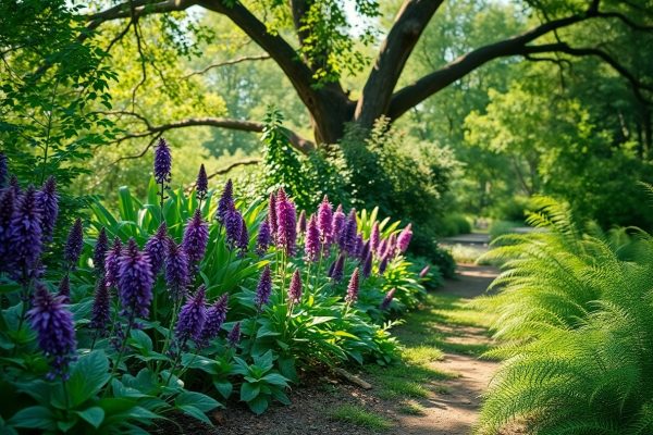 A sunlit garden path curves beside lush green ferns and tall purple flowers, with a large tree arching overhead and dense greenery in the background.