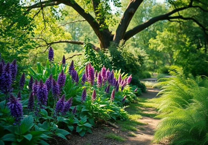 A sunlit garden path curves beside lush green ferns and tall purple flowers, with a large tree arching overhead and dense greenery in the background.