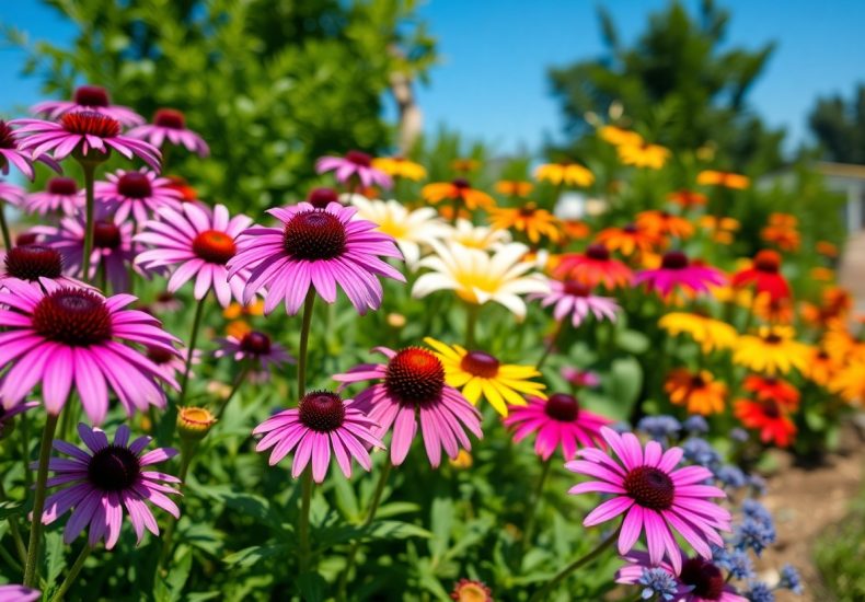 A vibrant garden filled with blooming purple, pink, white, yellow, and orange coneflowers, with green foliage and a blue sky in the background.