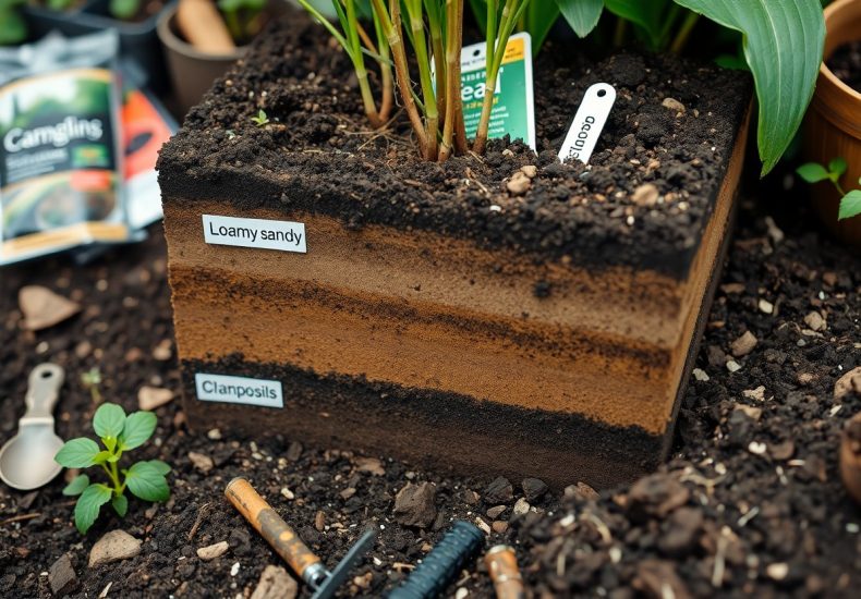 A cross-section of soil layers in a garden planter shows a plant growing above labeled layers: Loamy sandy on top and Clayposils below. Garden tools, seed packets, and another plant are visible nearby.