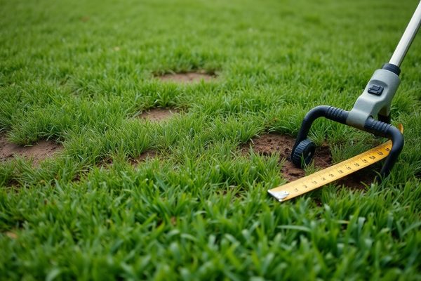 A close-up of a patchy lawn with a measuring tape and a handheld gardening tool placed in the grass, showing bare spots in the green turf.