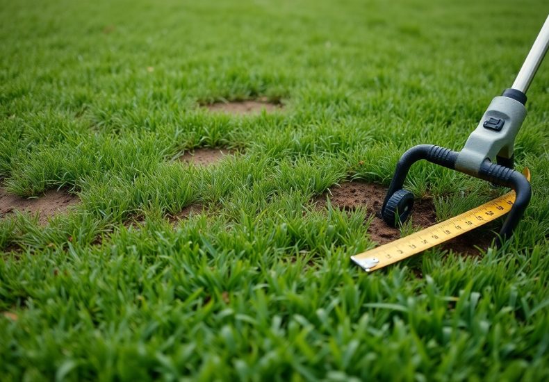A close-up of a patchy lawn with a measuring tape and a handheld gardening tool placed in the grass, showing bare spots in the green turf.