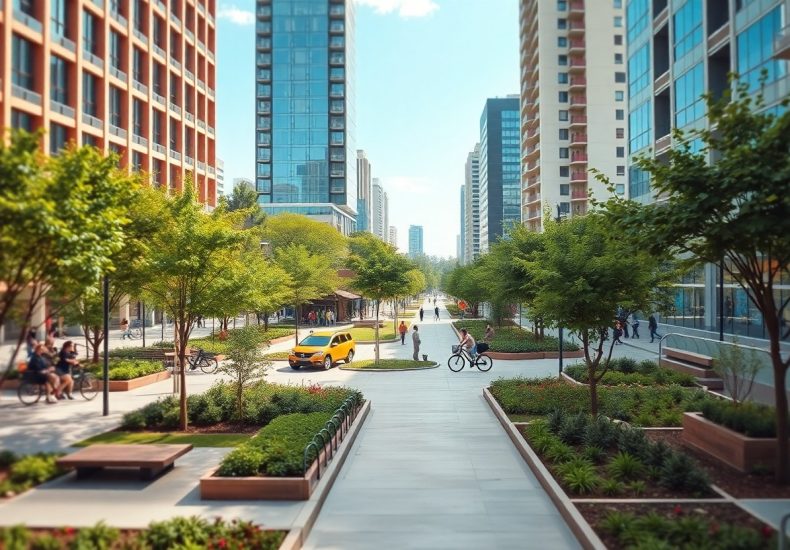 A modern city street lined with tall buildings, green trees, and landscaped planters. People are walking, cycling, and sitting on benches, while a yellow van drives down the center road under a bright, clear sky.