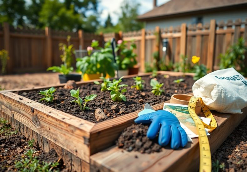 A raised garden bed with young plants in soil, surrounded by gardening tools including blue gloves, a tape measure, seed packets, and a cloth bag, set in a backyard with a wooden fence and a house in the background.