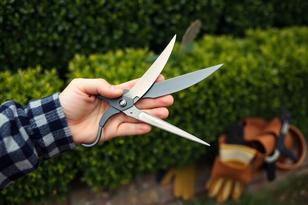 A hand in a plaid sleeve holds open hedge shears in front of a green bush, with gardening gloves and tools blurred in the background.