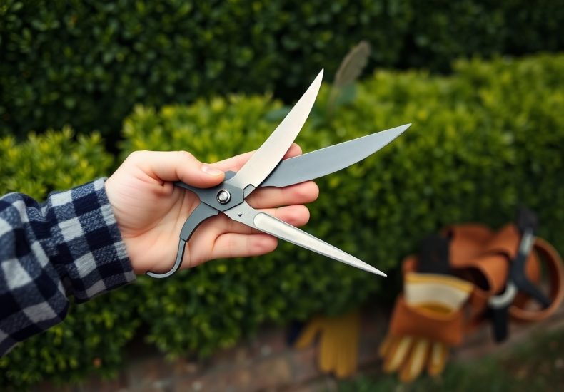 A hand in a plaid sleeve holds open hedge shears in front of a green bush, with gardening gloves and tools blurred in the background.