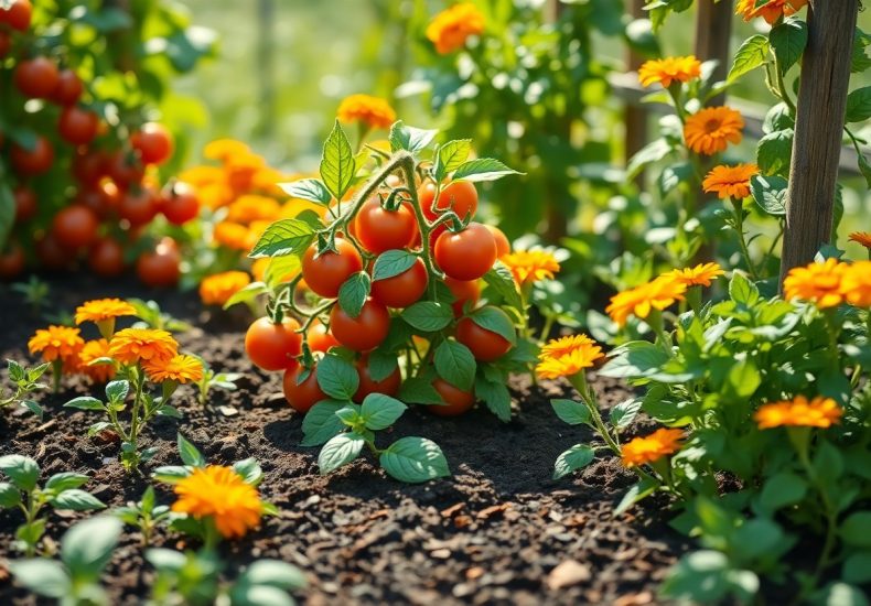 A cluster of ripe red tomatoes grows on a plant in a garden bed, surrounded by blooming orange marigold flowers, with green foliage and soft sunlight creating a vibrant, healthy scene.
