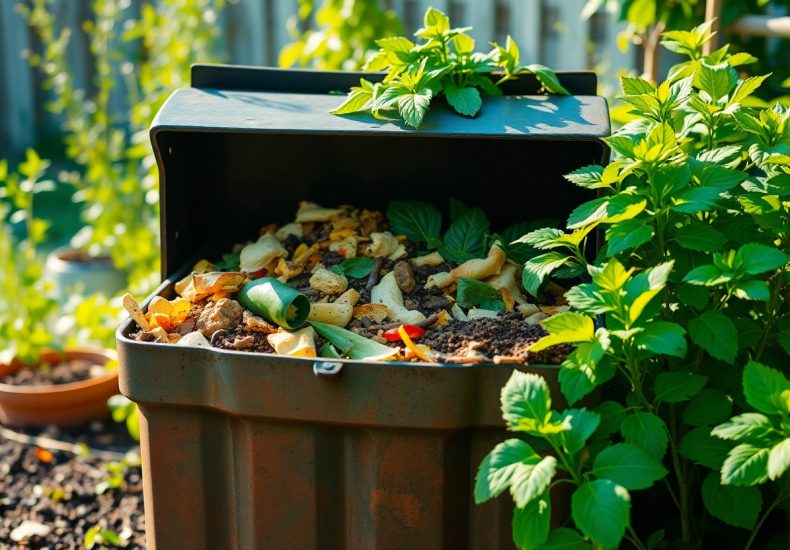 An outdoor compost bin filled with fruit and vegetable scraps sits in a garden, surrounded by green plants and sunlight. A small garden trowel rests on top of the compost.
