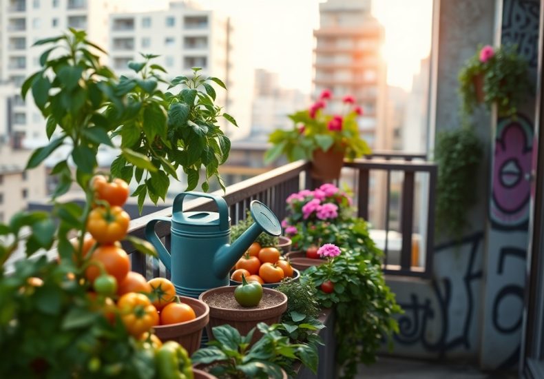 A sunny balcony garden in the city with potted tomato plants, flowering plants, and a blue watering can. Tall buildings are visible in the background, and sunlight streams over the scene.