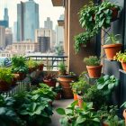 A city balcony filled with various potted plants and herbs, with tall modern skyscrapers visible in the background. The lush green plants contrast with the urban skyline.