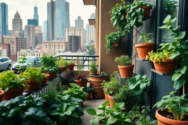 A city balcony filled with various potted plants and herbs, with tall modern skyscrapers visible in the background. The lush green plants contrast with the urban skyline.