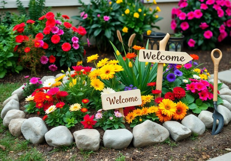 A flower bed edged with rocks displays colorful flowers and two Welcome signs. A garden trowel is stuck in the soil, and lush blooming flowers are visible in the background near a building.