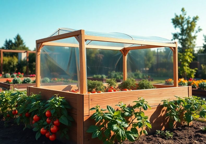 A wooden raised garden bed with a clear plastic canopy protects growing tomato plants and herbs, set in a sunny outdoor garden with other raised beds and green trees in the background.