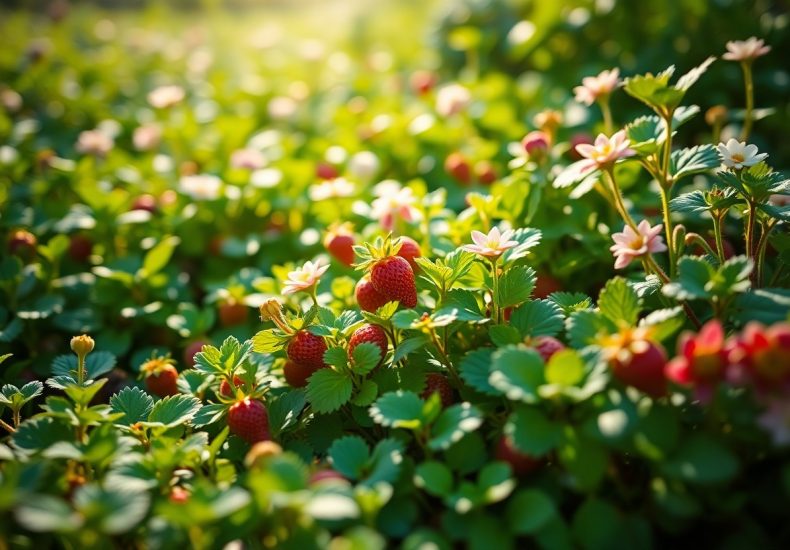 A sunlit strawberry patch with ripe red strawberries surrounded by green leaves and small white flowers, basking in warm, natural light.